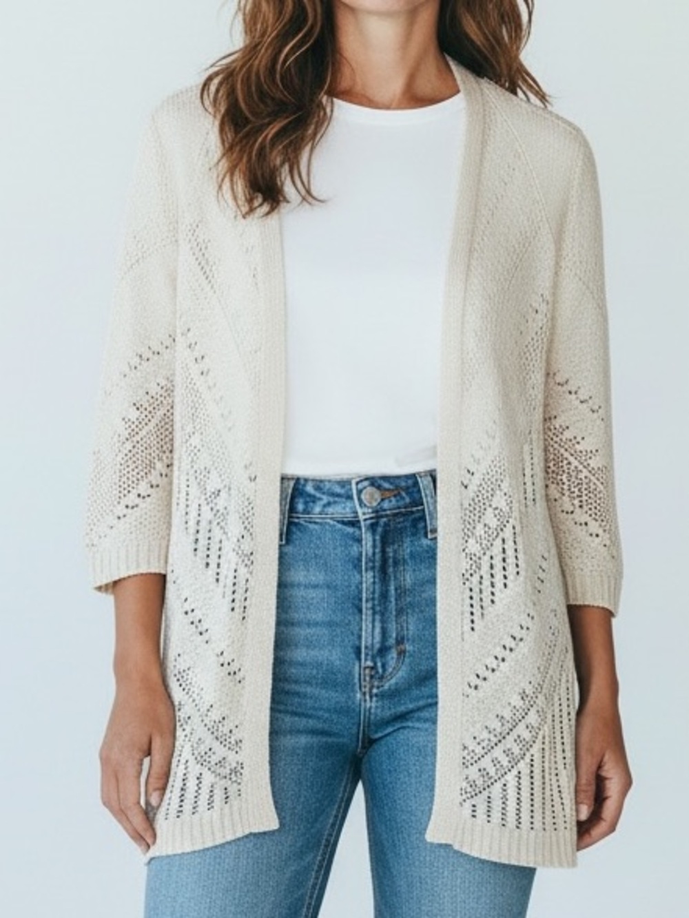 Open-Front Pointelle Knit Cardigan - Cream